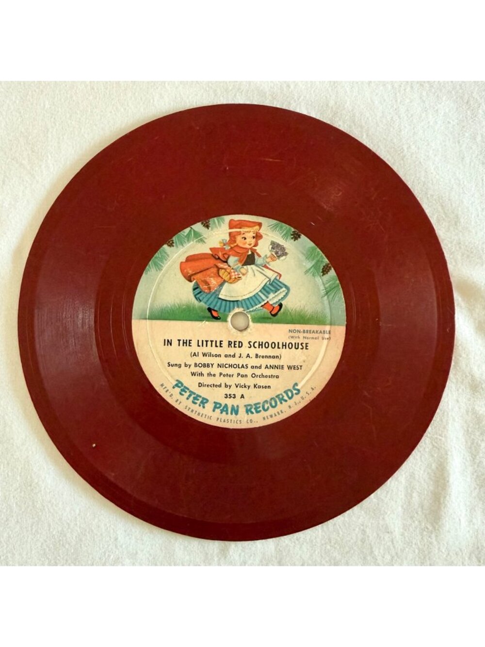 1950s Vintage Red Record 7 inch Little Red Schoolhouse Billy Boy Peter Pan Decor